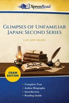Boek 'Glimpses of Unfamiliar Japan: Second Series' van Lafcadio Hearn. Met een stapel boeken, een lamp en een veer.