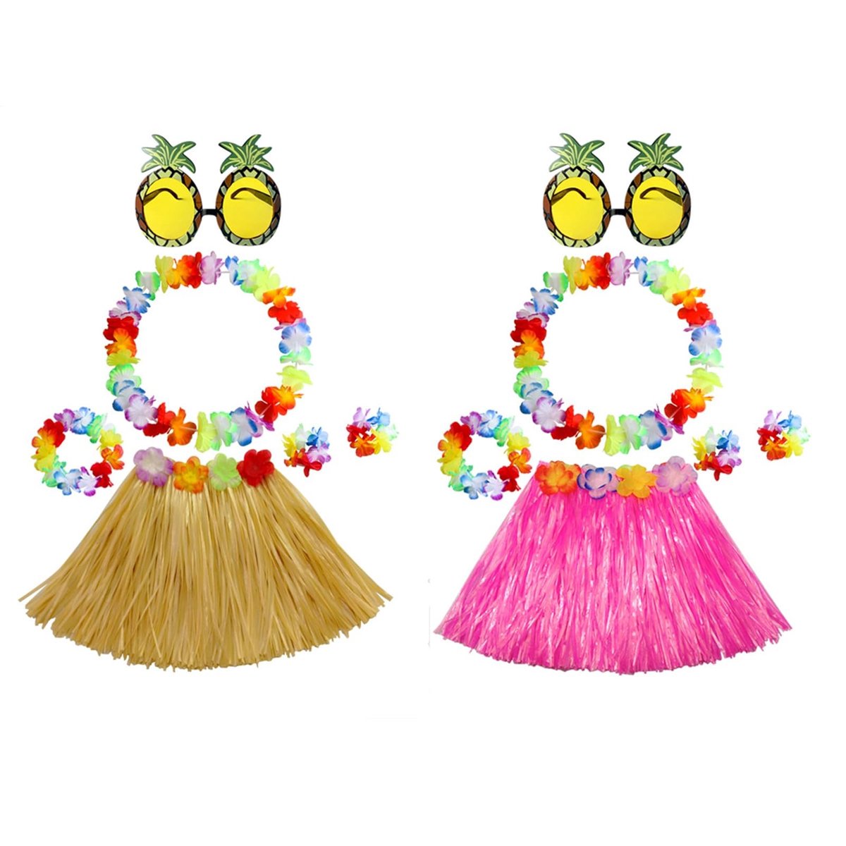 Dailygoods- Hoelah-grasrok Set - Natuurlijke/Klassieke Kleuren - Roze Grasrok - Bloemenlei - Ananas Zonnebril - Elastisch en Bewegingsvriendelijk - Feestkostuum