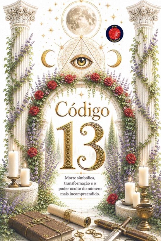 Couverture de livre avec "Código 13" et "Morte simbólica, transformação e o poder oculto do número mais incompreendido." Mystique avec un œil, une lune et des étoiles.