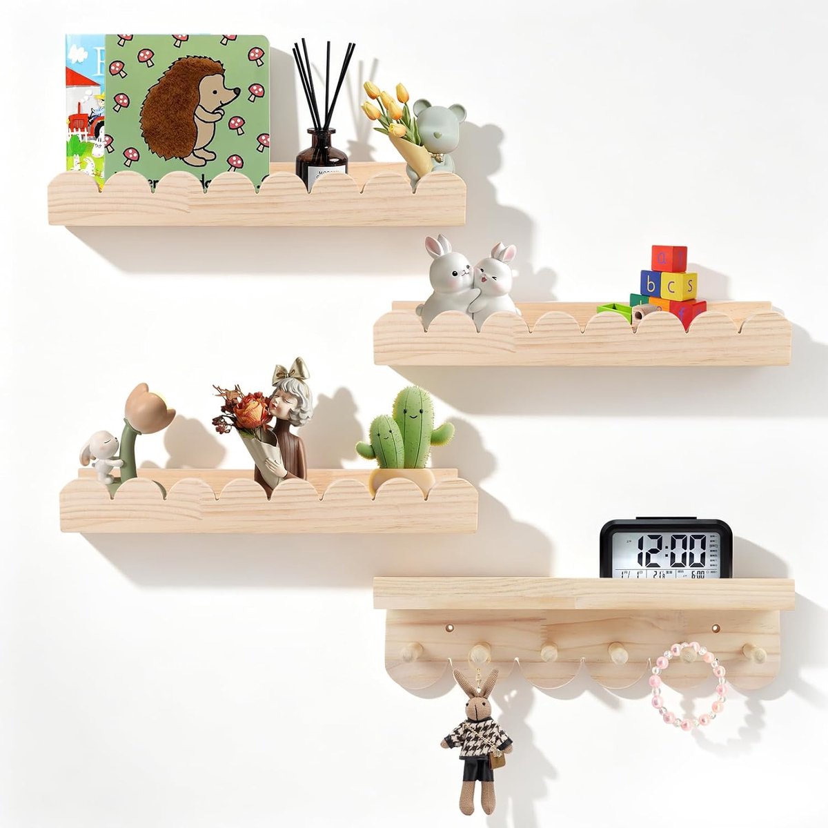 4-delig set boekenrek voor kinderen, 40 cm wandrek voor kinderkamer, met houten haken voor speelgoed, afbeeldingen en boeken, houten wandrek, Montessori zwevend rek voor babykamer