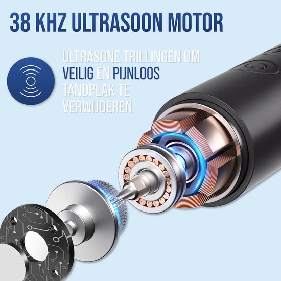 Gedetailleerd interieur van de "38 KHZ ULTRASOON MOTOR" van de elektrische tandsteenverwijderaar, toont ultrasone trillingen.