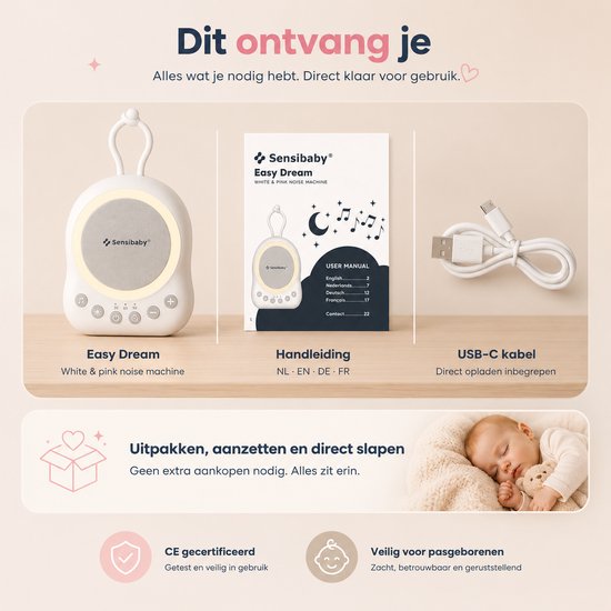 Inhoud van de verpakking: SensaBaby Easy Dream white & pink noise machine, handleiding en USB-C kabel. Baby slaapt op de achtergrond.