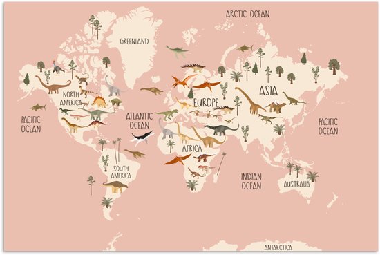 Carte du monde rose avec des dinosaures et des arbres, avec les continents et océans nommés.