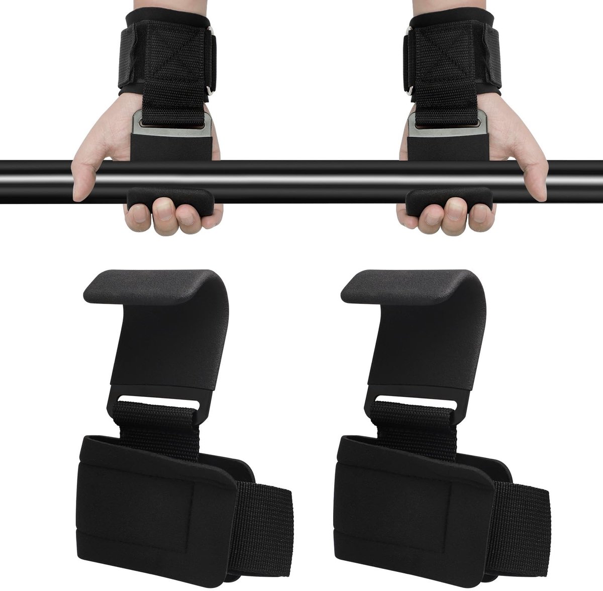 Dailygoods - Fitness trekhulpen krachttraining met rubber - 1 paar trekhulpen haken, lifting straps, gym straps, griphulpen krachtsport, antislip klimhaken, klimhaak greep haken voor mannen en vrouwen, zwart