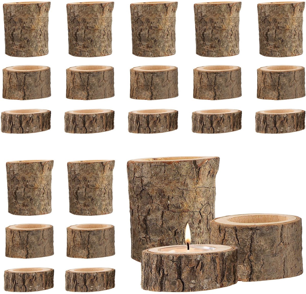 Dailygoods- Theelichthouders 24 stuks - Houten Kandelaars - 3 Maten - Decoratie voor Bruiloft - 5,5 x 2,5 cm / 5,5 x 6 cm / 6 x 7 cm - Rustieke Sfeer