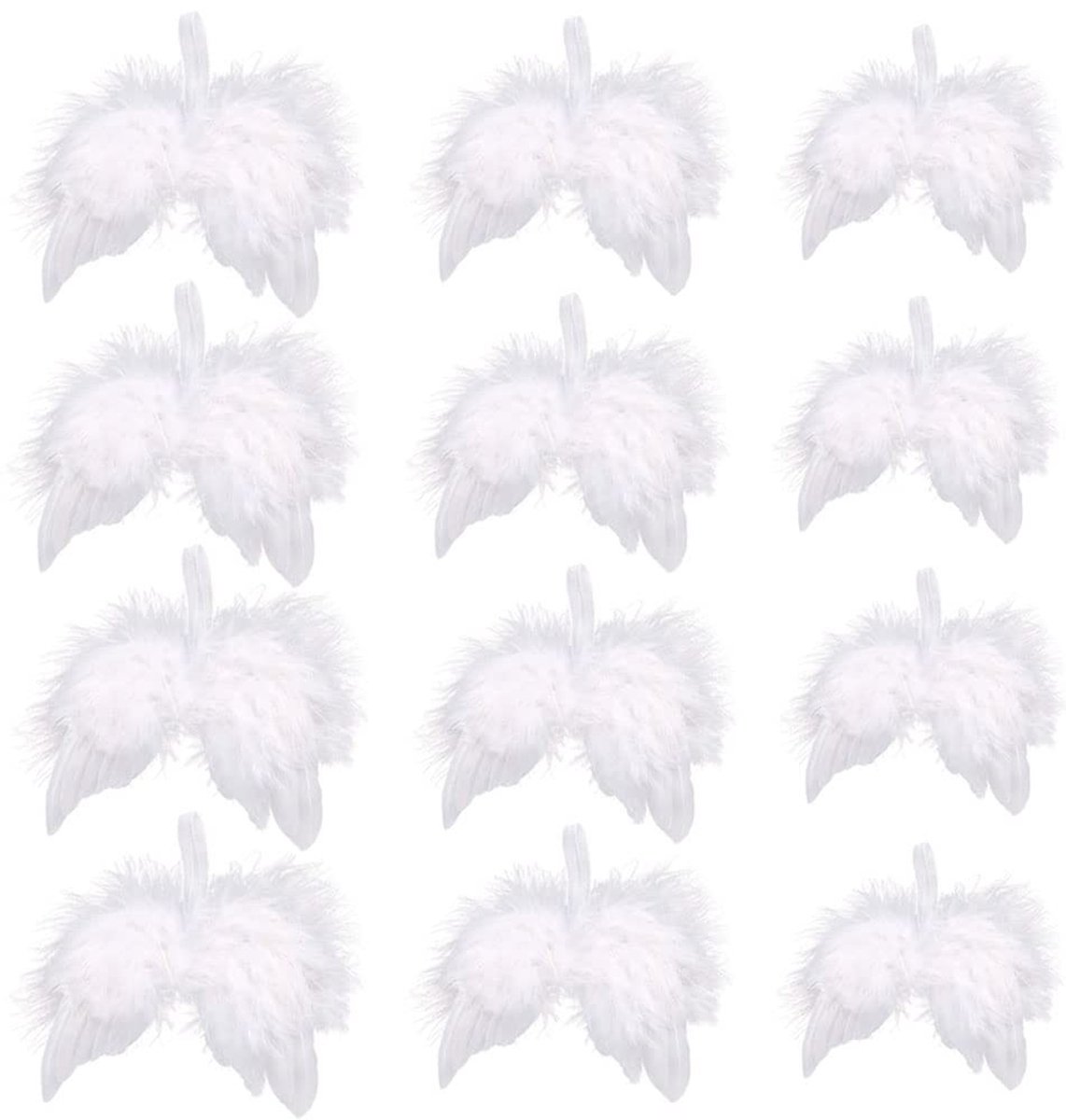 Dailygoods- Engelenvleugels Decoratie - 12 Stuks - Kunstveer - Wit - Vleugels - Kerstversiering - Afmetingen 12/16/18 cm - Decoratievleugels