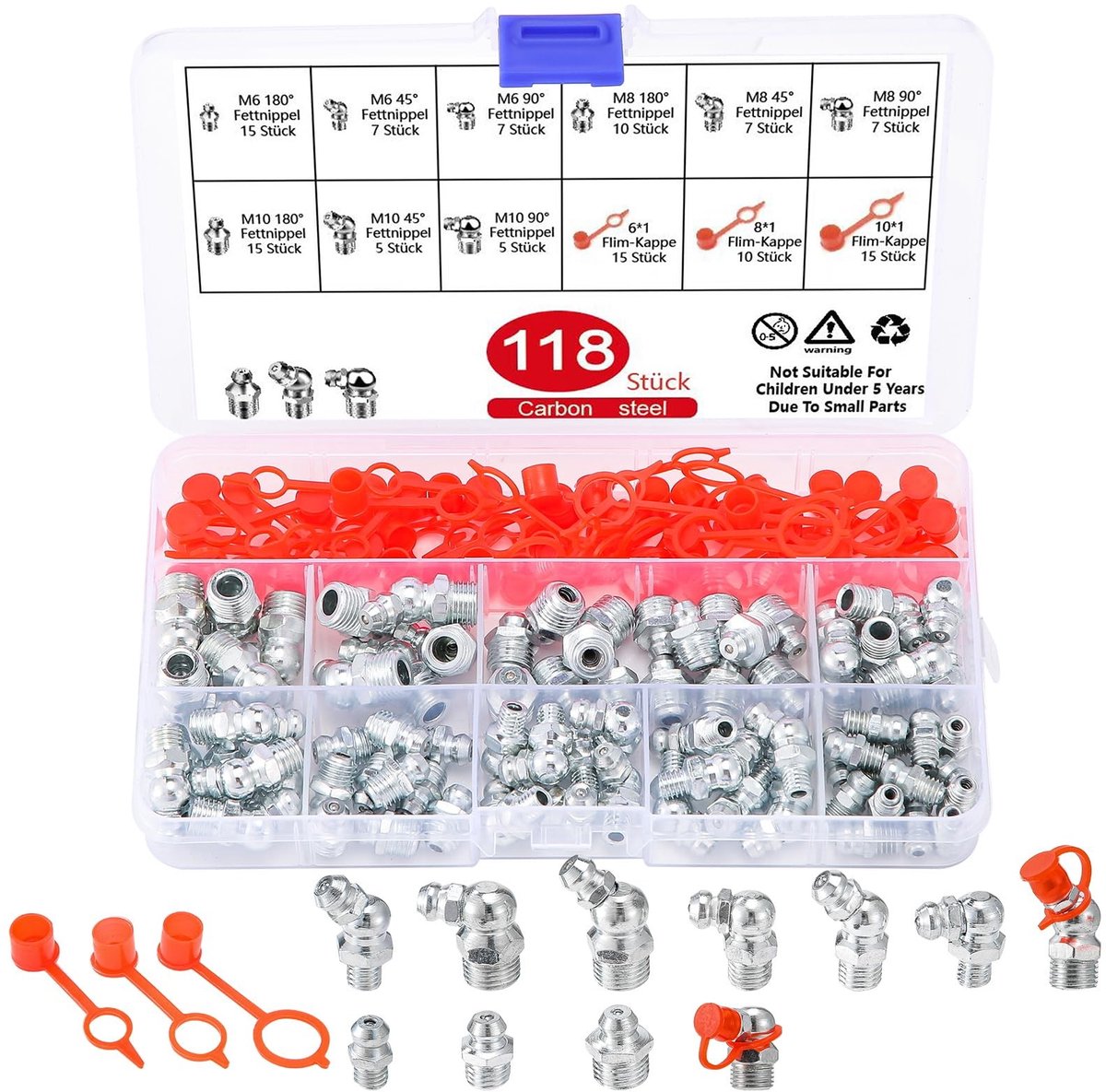 Dailygoods- Smeernippel Set 118 Stuks - M6/M8/M10 Schroefdraad - Rechte/45°/90° Kegelsmeernippels - Vetspuit Accessoires - Gegalvaniseerd Koolstofstaal - Roestbestendig - Smeernippelset
