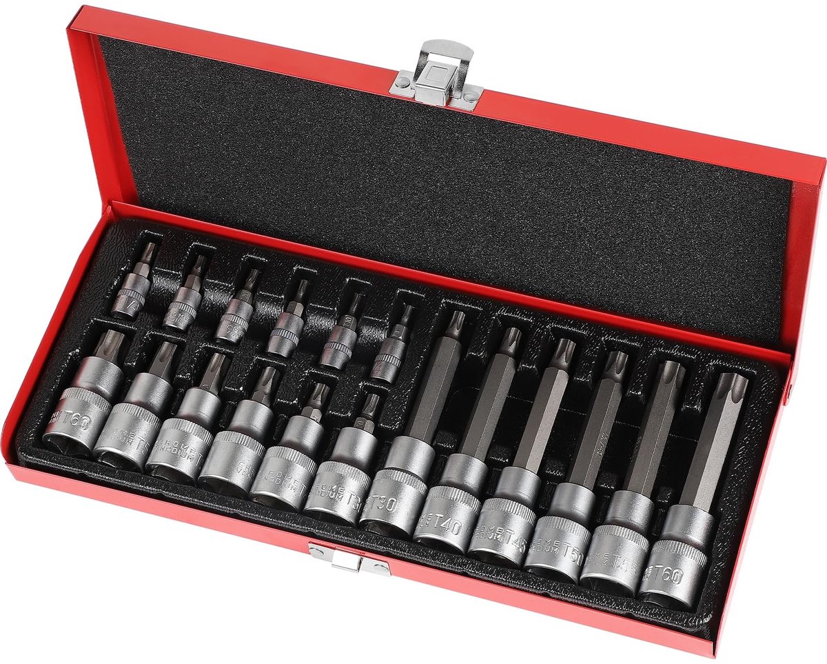 Dailygoods- Torx-dopsleutelset 18-delig - 1/2 inch - 1/4 inch - Metalen Koffer - Robuust - Geschikt voor Hoog Koppel