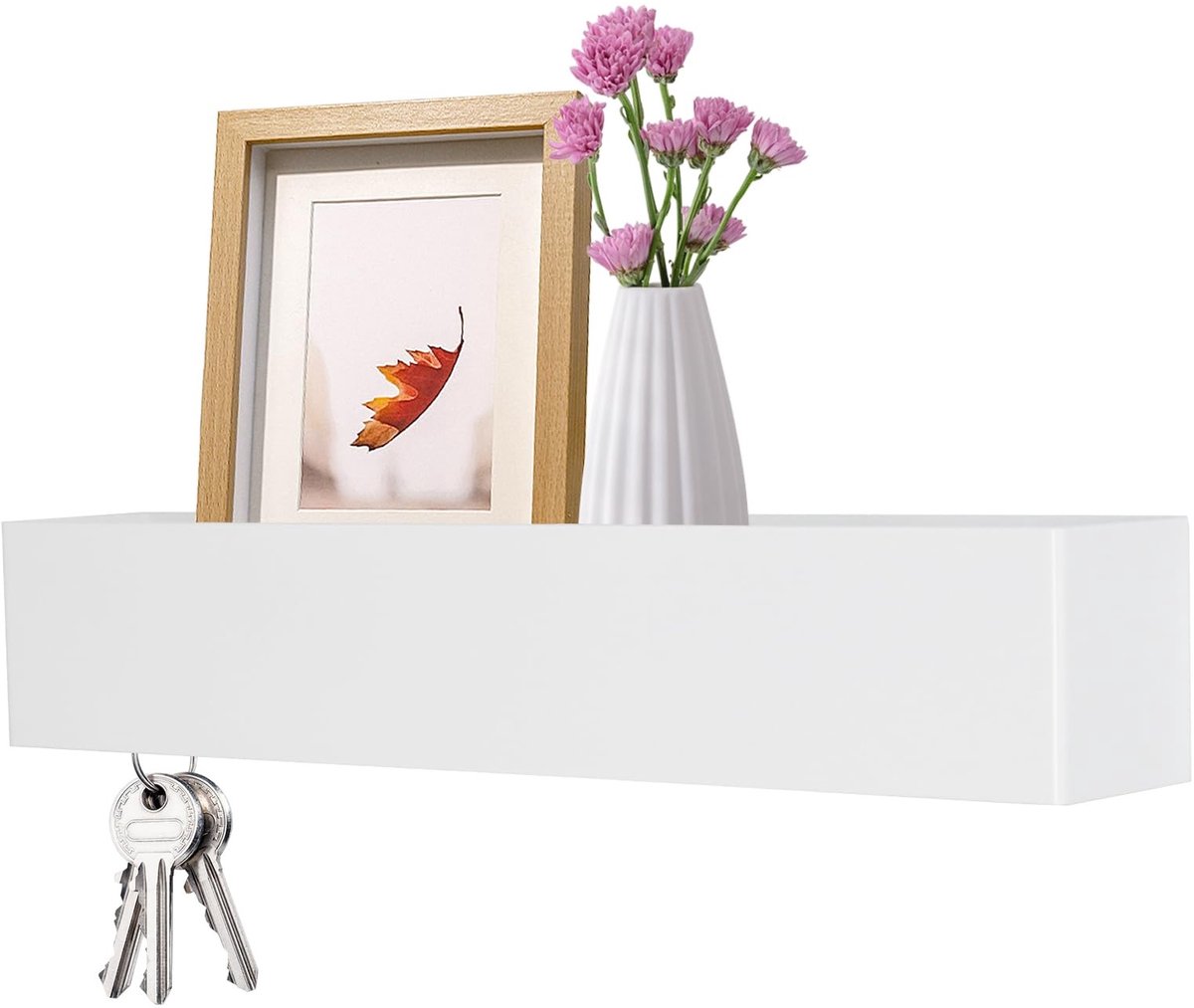 Dailygoods- Sleutelrek met plank - Sleutelhouder - Wandsleutelhouder - 5 haken - Wit metaal - 43,5 x 7,5 x 8 cm