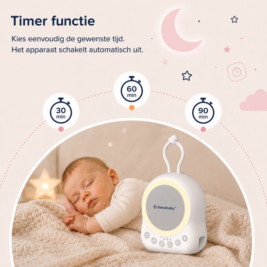 Timerfunctie van de SensaBaby geluidsmachine, met opties voor 30, 60 en 90 minuten. Baby slaapt vredig.