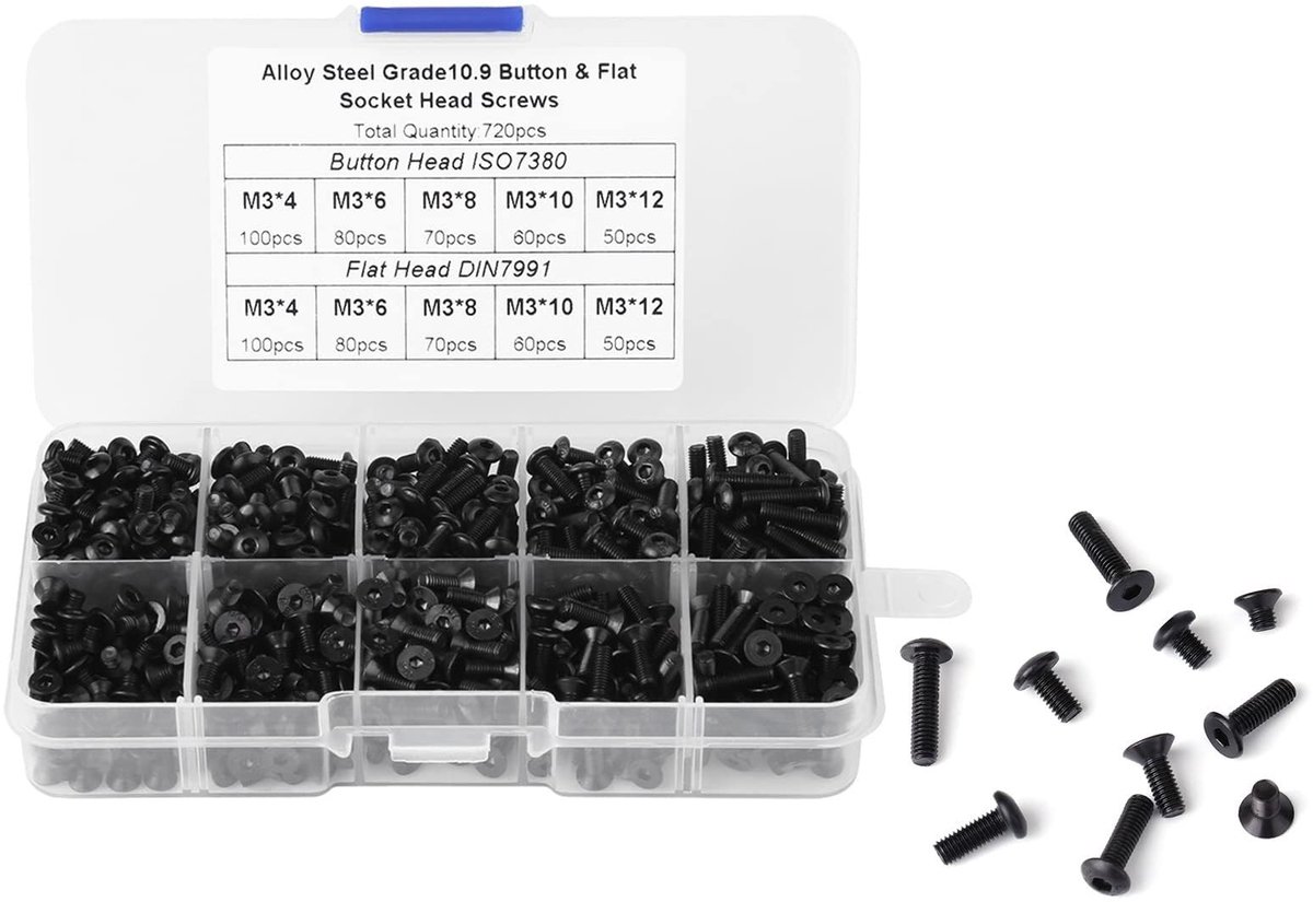Dailygoods- Schroevenset 720 Stuks - Zeskantschroeven - Platte Kop - Kunststof Doos - Voor Auto-Reparatie/Huishouden - Staallegering - Boutenset