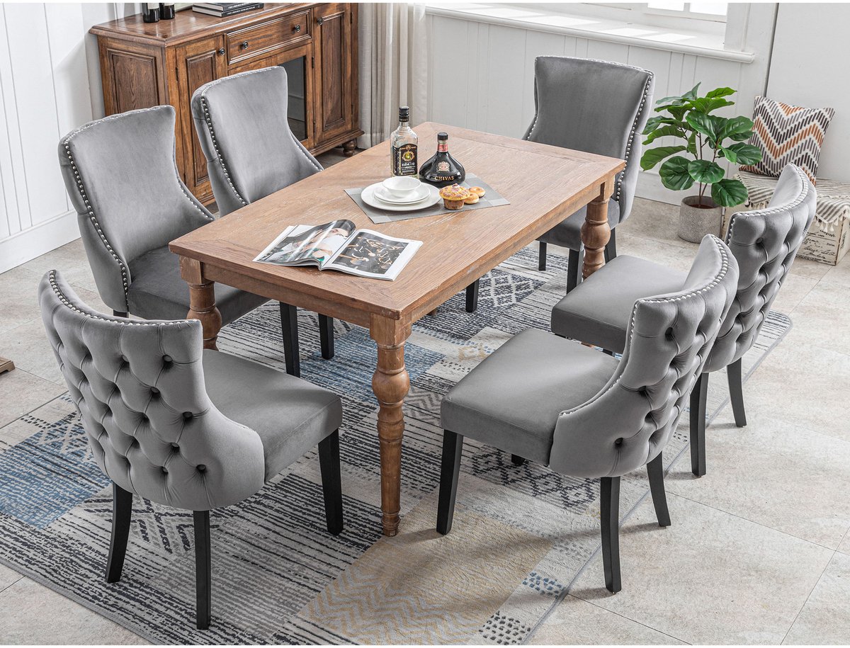 DESMIU Eetkamerstoel 42 x 52 x 91 Cm - Set Van 6 Met Knopen En Gestoffeerde Zitting - Voor Eetkamer En Woonkamer - Velvet Hout - Grijs
