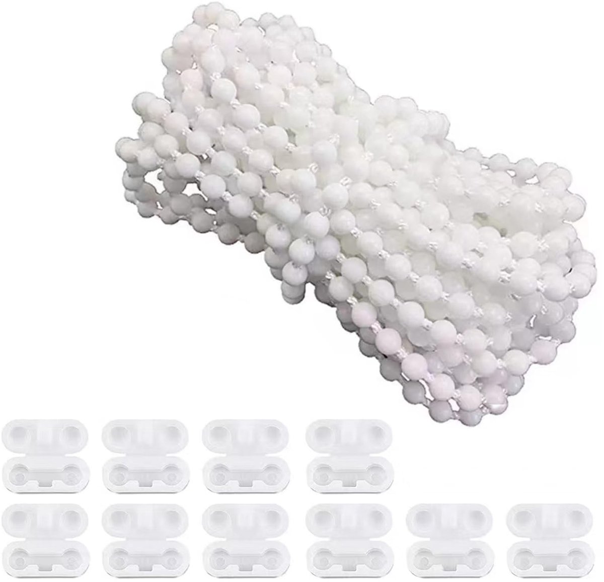 Dailygoods- Rolgordijn Verduisterend - Rolgordijn Zonder Boren - Rolgordijn Ketting 10m - Geschikt voor Rolluiken/Jaloezieën - Wit - 10 Kralen Gespen - Bedieningsketting