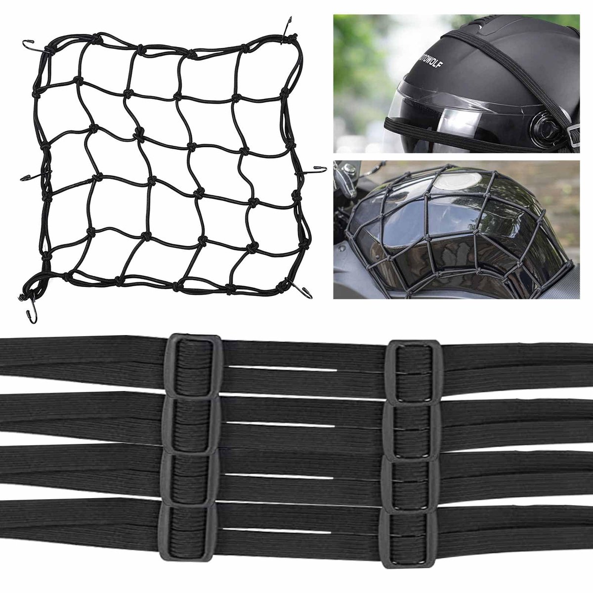 Dailygoods- Motorspiegel Elastisch Net - 40 x 40 cm - 4 Stuks Elastisch Touw - 60 cm - Zwart - Duurzaam Nylon - Bungee Cord