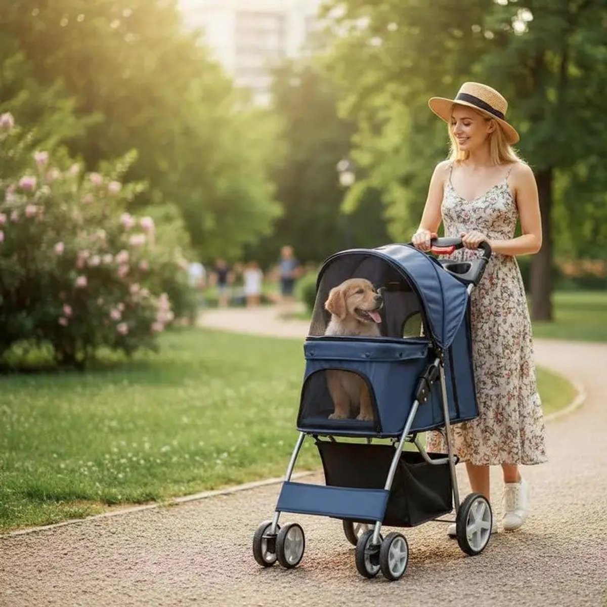 Dailygoods 4-wielige opvouwbare hondenbuggy met gaasramen & opbergmand - marineblauw