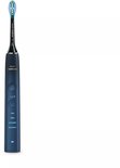 Donkerblauwe Philips Sonicare elektrische tandenborstel met witte borstelharen en blauwe en groene accenten.
