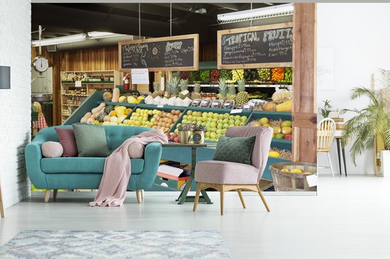 Behang - Fotobehang Fruit - Supermarkt - Krijtbord - Breedte 390 cm x hoogte 260 cm