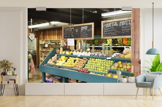 Behang - Fotobehang Fruit - Supermarkt - Krijtbord - Breedte 390 cm x hoogte 260 cm