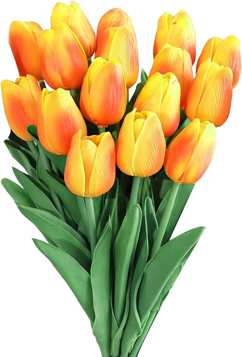 Kunsttulpen, 15 Stuks, PU Real Touch, Latex Kunsttulpen, 34 cm, Kunstbloemen, Echt Touch, Bloemen Voor Bruiloftskamer, Thuis, Feestdecoratie en Doe-het-zelf Decoratie (Zonsonderganggloed)