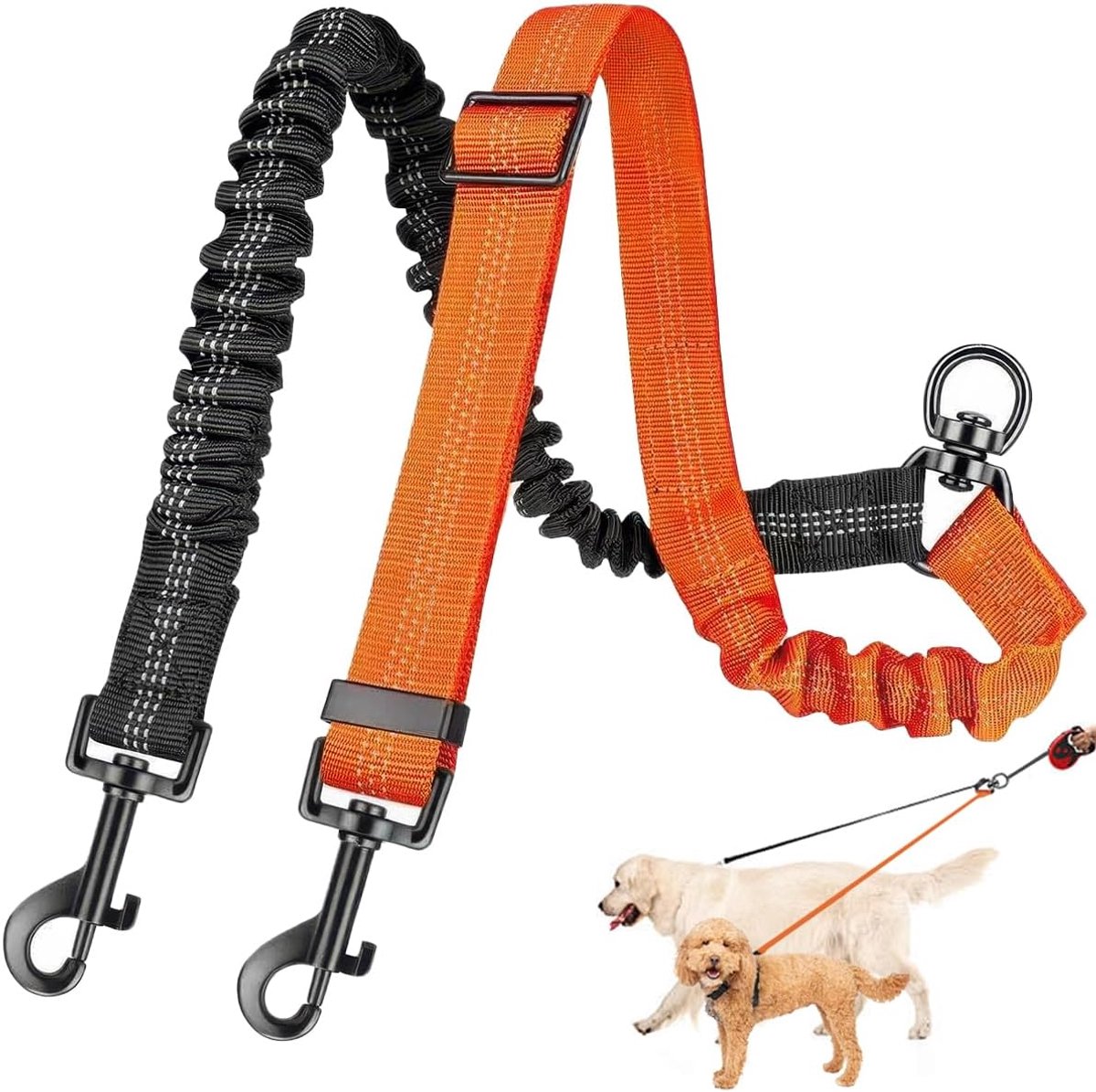 riem voor 2 honden, klitvrije hondenriem, reflecterend, verstelbaar, 360° draaibare hondenriem voor twee honden, schokdempende hondenrie voor 2 honde, voor kleine, middelgrote en grote