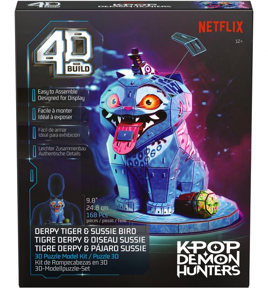 Doos van de 4D Build Derpy Tiger & Sussie Bird 3D Puzzel. Een blauwe, geometrische kat met rode ogen en een hoedje staat op een ronde basis.