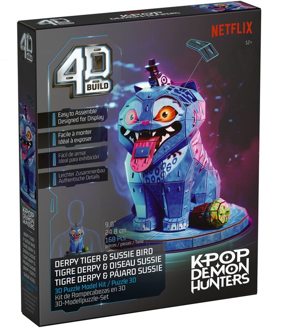Doos van de 4D Build Derpy Tiger & Sussie Bird 3D Puzzel. De doos toont een blauwe, geometrische kat met rode ogen en een hoedje, staand op een ronde basis.