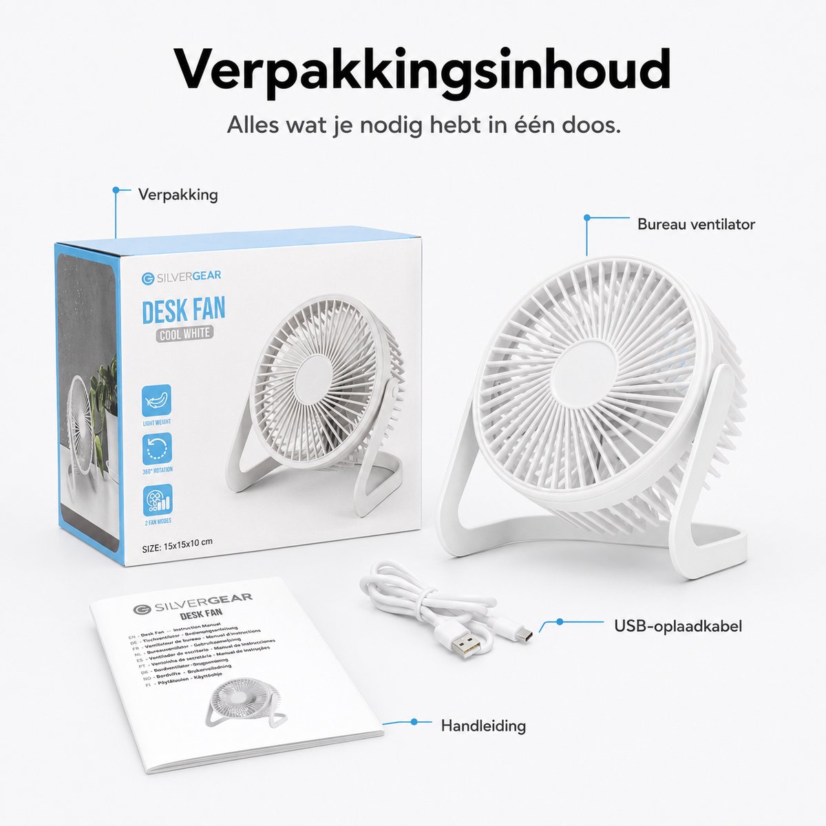 Bureau Ventilator - Mini Bureauventilator - Zuinige Tafelventilator - Kleine USB Ventilator - Kantelbare Statiefventilator - Compacte USB-C Tafelventilator - Fan Geluidloos - Bureau Airco - Desk Fan - Deskventilator - Wit - Silvergear — afbeelding 4