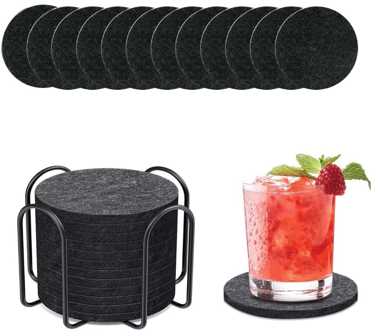 12 onderzetters voor glas, ronde en antislip onderzetters, bierdekens en drankonderzetters met houder voor thuis, restaurant en kantoor