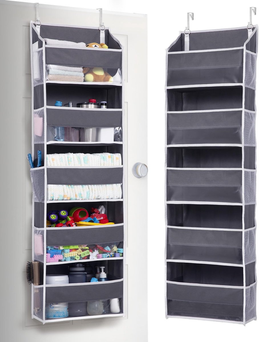 Deur Organizer met 5 grote en 10 gaaszijzakken, 20 kg draagvermogen ophangende opslag met doorzichtig venster voor kinderspeelgoed, schoenen, luiers, donkergrijs, 5 lagen