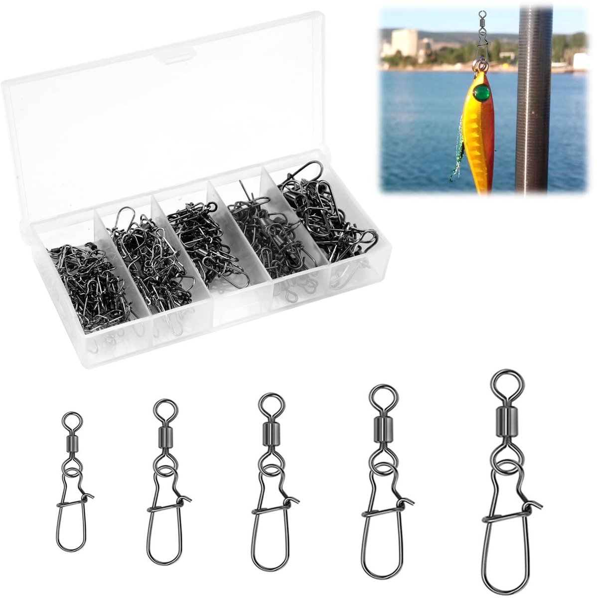 Dailygoods - 100 stuks wervelvissen, rollende viswervel met karabijnhaak, roestvrij stalen viswervelset, forelvissen, wervelkarabijnhaken, voor visaas, visaccessoires (5 maten 4# 6# 8# 10# 12#)