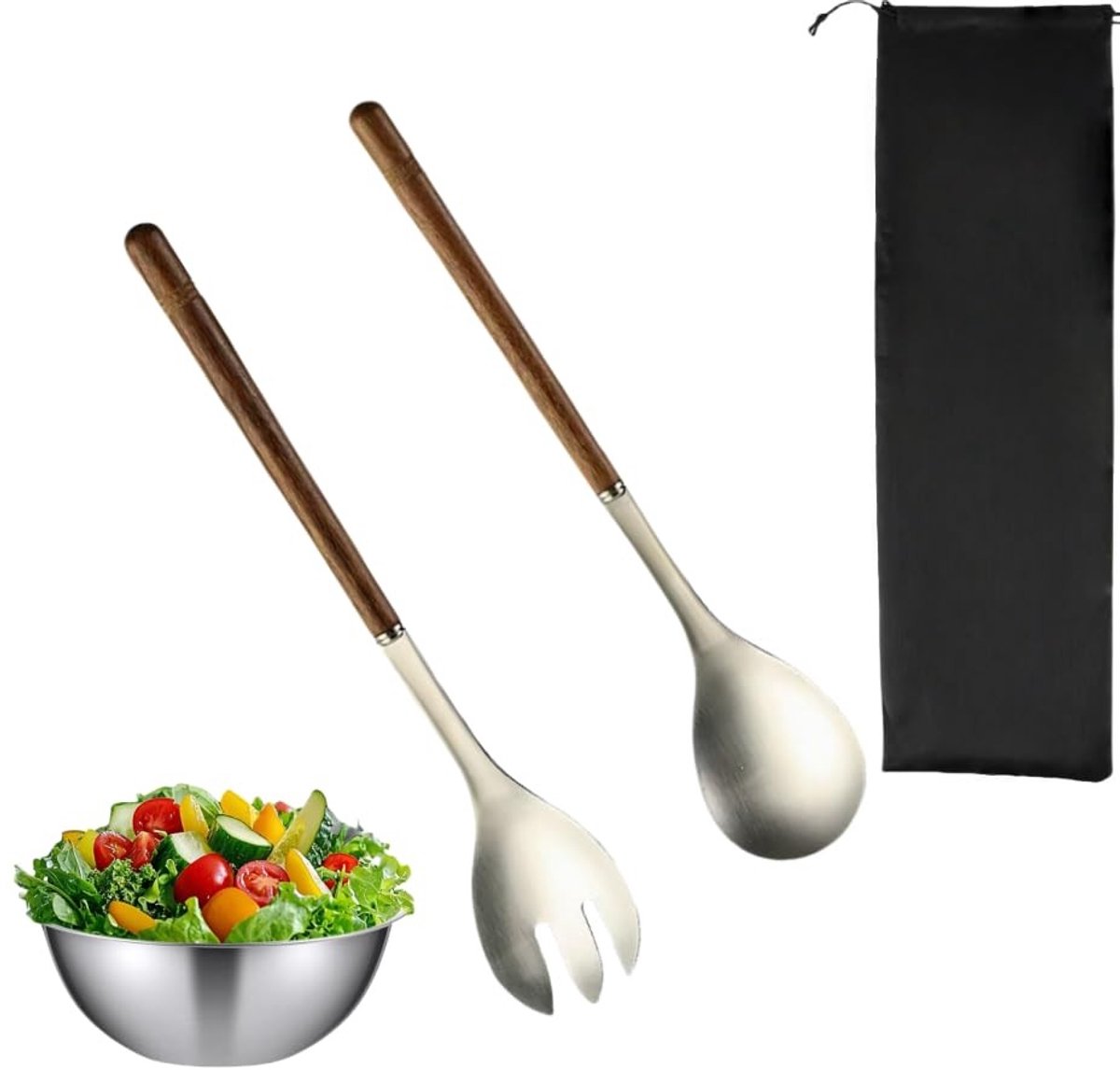 Dailygoods- Slabestek 30 cm - Roestvrij Staal/Houten Handvat - Vaatwasmachinebestendig - Ideaal voor Salade/Buffet - Hoogwaardige Kwaliteit - Saladebestek