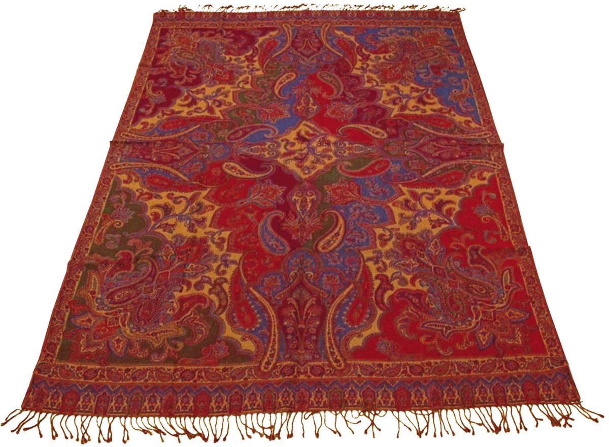 Wollen deken jacquard geweven van de fijnste wol van merinolam met katoen paisley rode tinten kleurrijke katoenen deken woondeken deken wol plaid 140 cm x 200 cm 9625622