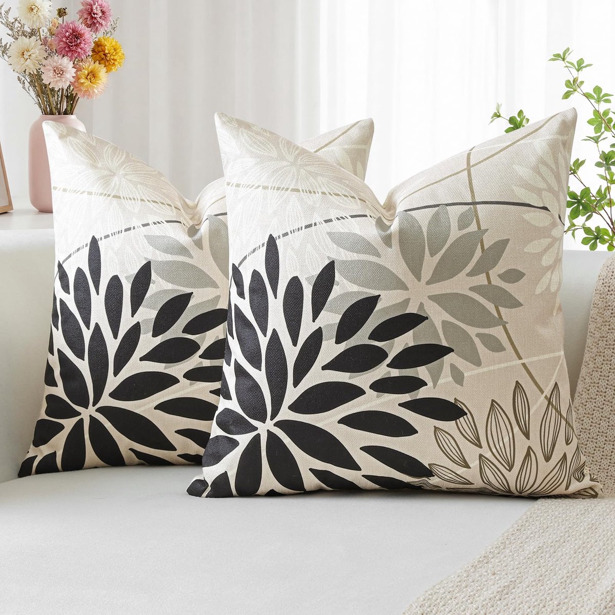 Abstracte bloemen, zwart, lichtgrijs, geometrische kussensloop, 40 x 40 cm, 2 stuks, van linnen, voor huis, woonkamer, slaapkamer, lente, bloemen, woondecoratie