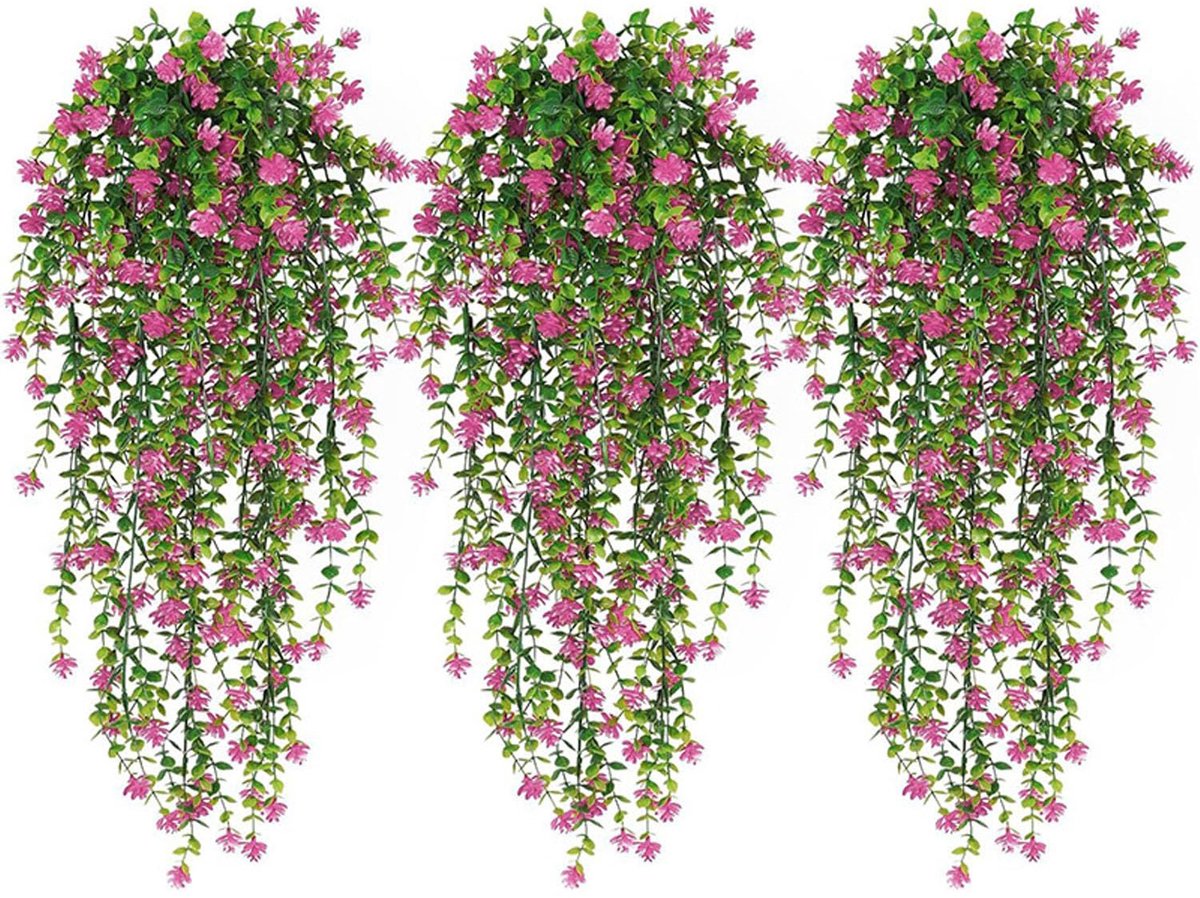 3 stuks kunstbloemen om op te hangen, kunstbloemen, hangmand, kunstplanten, hangers, simulatiebloemen (roze)