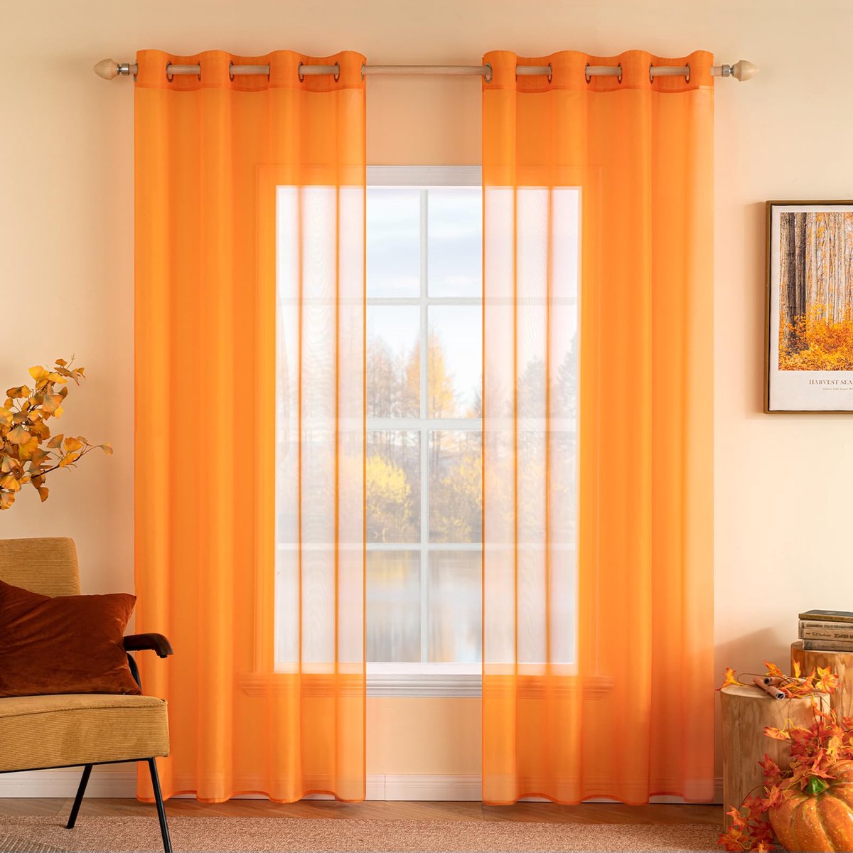 Grommet Top Voile-gordijnen, set van 2 stuks, polyester, gordijn met ogen, transparant, voor de woonkamer, luchtig, decoratief, voor de slaapkamer, oranje, 225 x 140 cm (h x b)