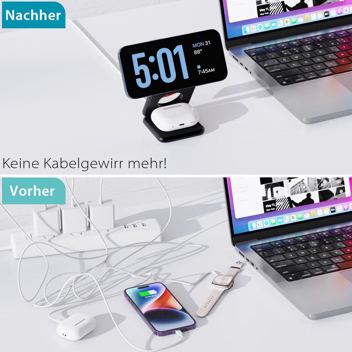 XIU X40 3-in-1 Opvouwbaar Magnetisch Draadloos Laadstation, MagSafe Oplader voor iPhone 16/15/14/13/12 Serie, 5W Snelladen voor Apple Watch 10/9/8/7/6/Ultra 2 en AirPods Pro 4/3/2, Zwart