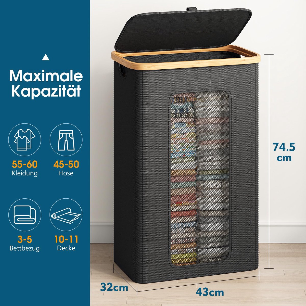 Wasmand met deksel, 100 liter, wasverzamelaar, smal van bamboeframe en 600D waterdichte Oxford-stof, met uitneembare binnenzak, voor slaapkamer en badkamer, zwart