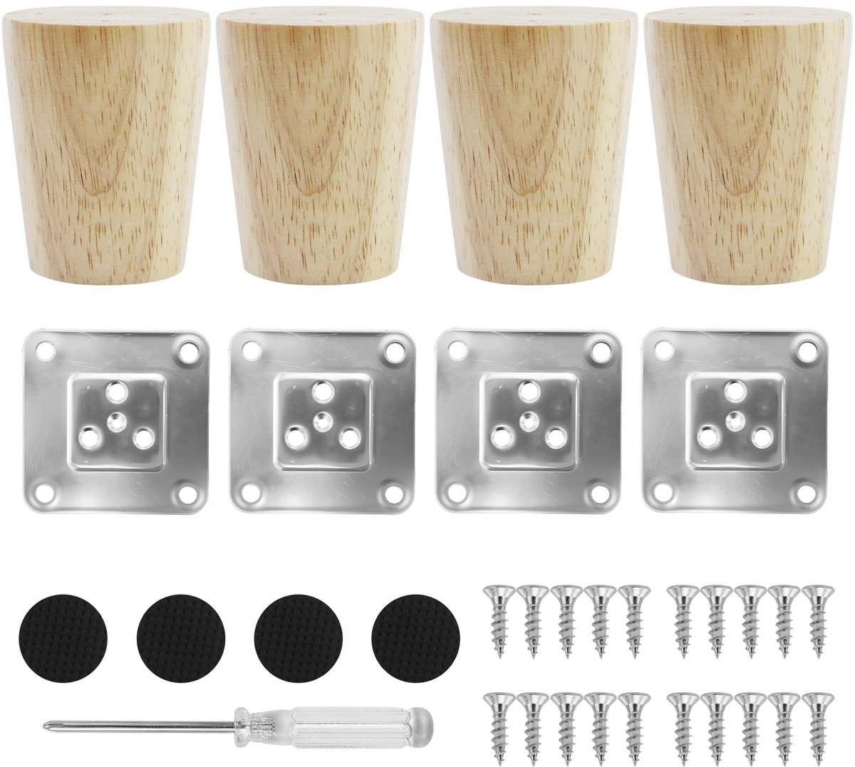 Meubelpoten, hout, eiken, robuuste meubelpoten, rond, houten poten, met montageplaten en schroeven, zware belasting, kastpoten, hout, voor bank, bed, kast, met 1