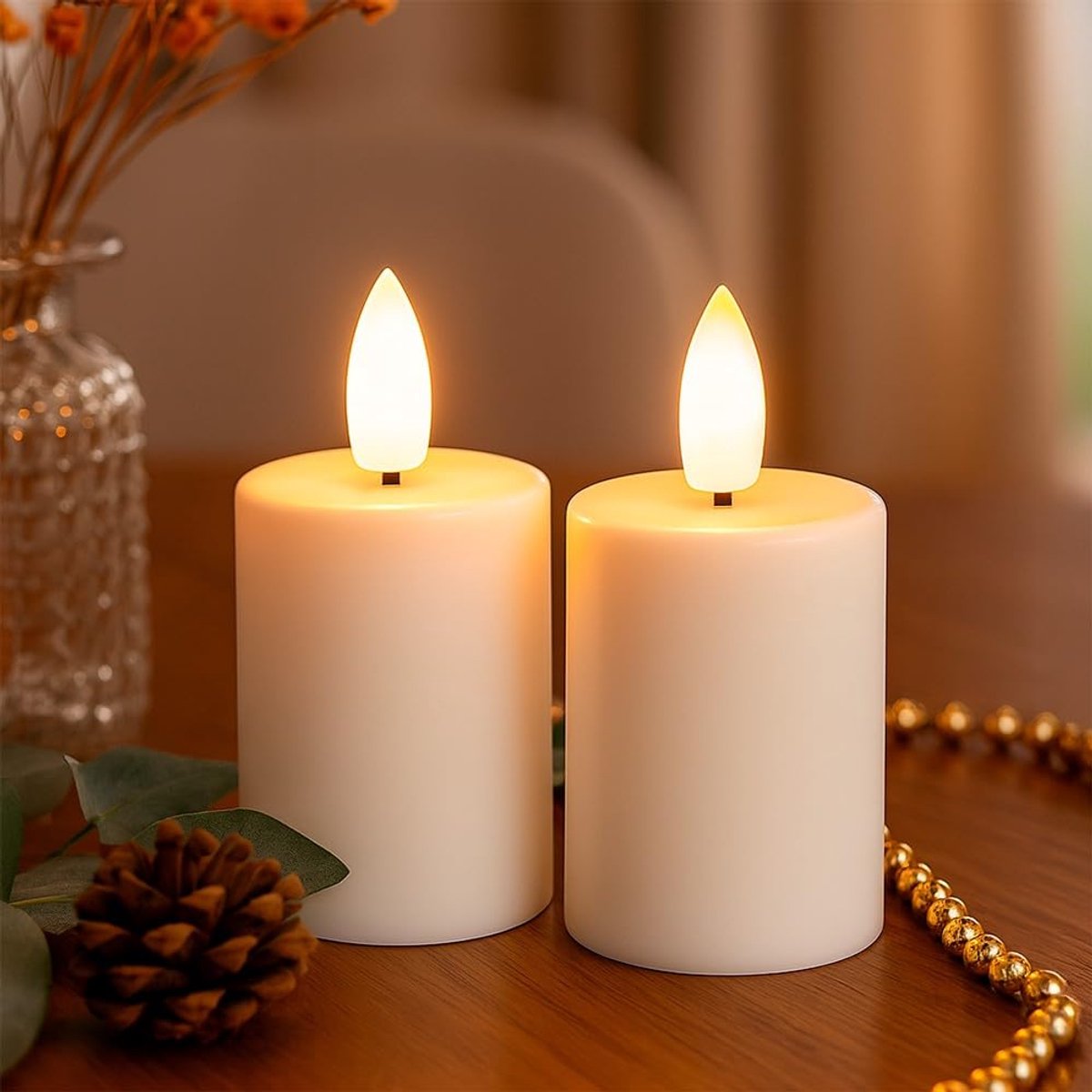 mit Herz Led-kaarsen met echte wascoating, 2 stuks, crème, Kerstmis, warm wit, realistisch vlameffect, timerfunctie, werkt op batterijen (glad)