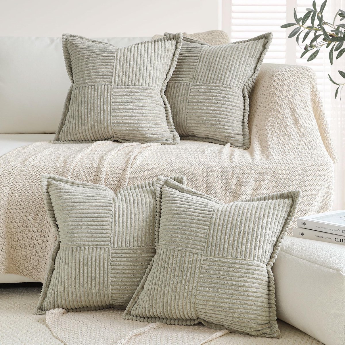 Zachte corduroy kussenhoezen, set van 4, boho gestreepte patchwork sierkussenhoezen, moderne brede decoratieve kussenslopen met onzichtbare rits, voor bank en sofa, woonkamer, 45 x 45 cm