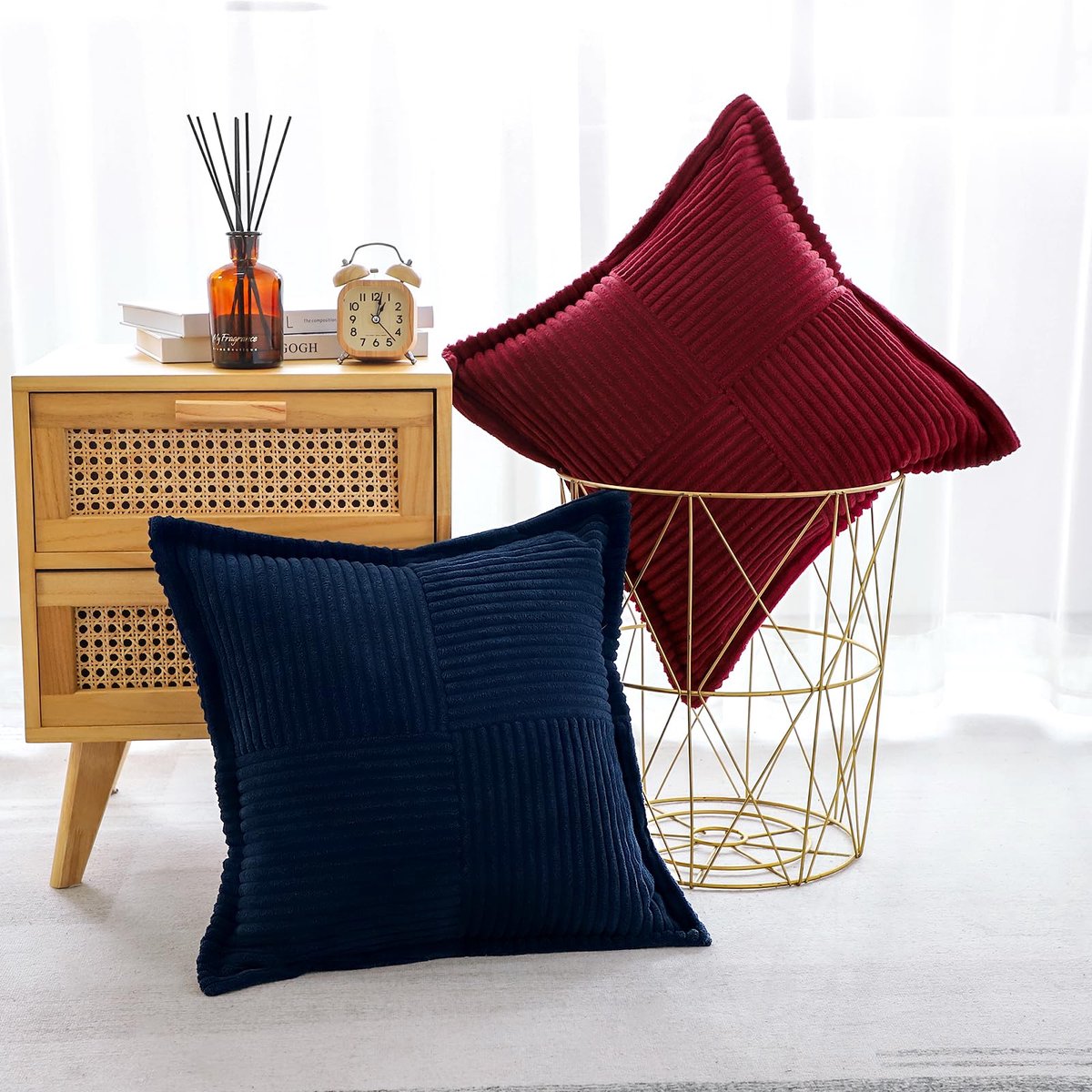 Gestreepte, corduroy kussenslopen met splicing, superzachte boho kussenslopen, brede decoratieve getextureerde sierkussens voor bank, bank, bed, woonkamer, 50 x 50 cm, wijnrood