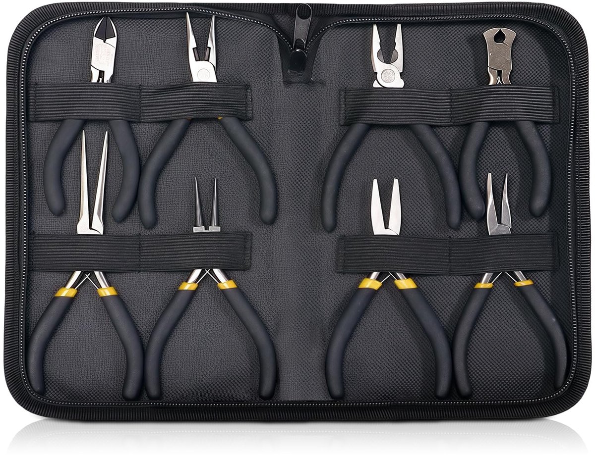8-delige mini-tangset, mini-tangset met tas, sieradentangset, sieradentangset, tangenset, huishouden, naaldpunt, diagonale lange neus, gebogen voor elektronica, modelbouw, sieraden, elektrisch