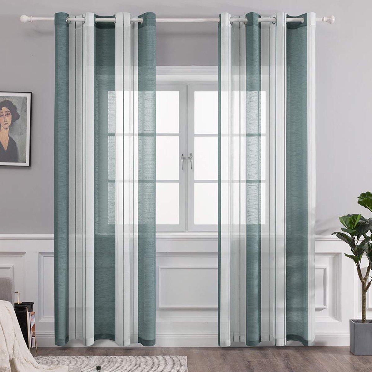 Gordijnen, transparant, voile met inslagringen voor woon- en slaapkamer, set van 2 stuks, 140 x 175 cm, groen gestreept
