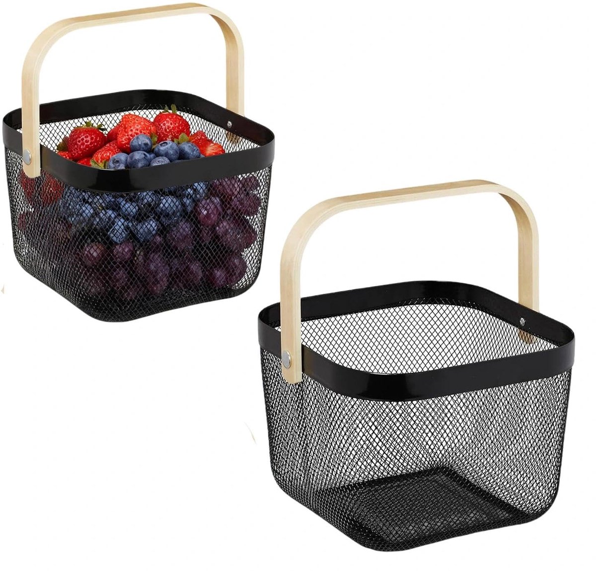 Mand met handvat, draagmand in loftstijl, tuinoogstmand, vierkante opbergmand, voor badkamer, keuken, picknick, 2 stuks, 18 x 24,5 x 24,5 cm (zwart)