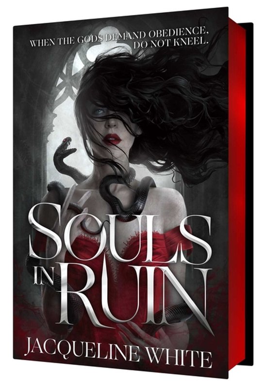 Couverture du livre 'Souls in Ruin' par Jacqueline White. Une femme aux cheveux noirs et à la robe rouge, entourée de serpents.