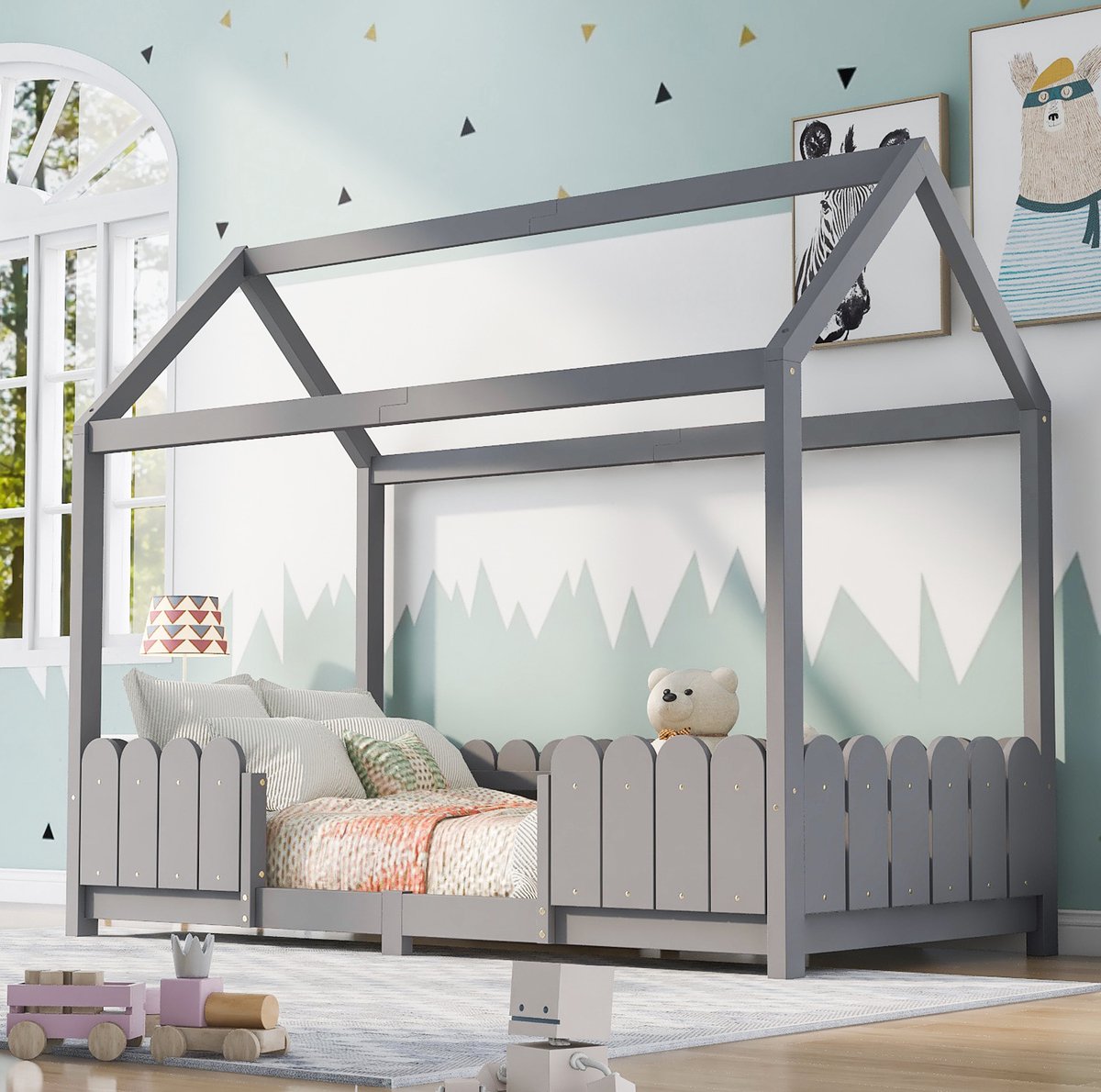 FloraGrace Huisbed 90x200 cm - Kinderbed Met Uitvalbeveiliging En Lattenbodem - Zonder Matras - Hout En MDF - Grijs