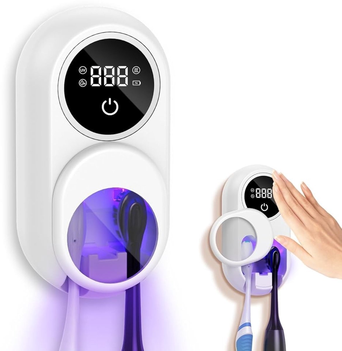 Dailygoods- Tandenborstelhouder UV Sterilisator - Automatische Rotatiedetectie - Wandmontage - 2 Tandenborstelgaten - 99,9% Schadelijke Stoffen - Warme Lucht Drogen - Tandenborstelsterilisator