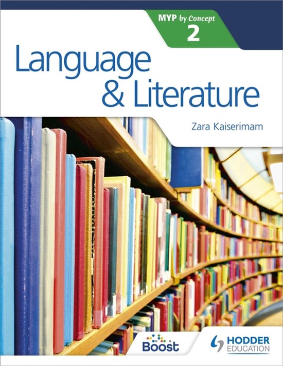 Livre Language & Literature MYP by Concept 2, avec une étagère remplie de livres sur la couverture.