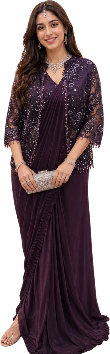 Simhera Threads Women's Deep Plum Purple Designer One Minute Saree -Mens and Womens Fashion-with Embellished Sequined Jacket