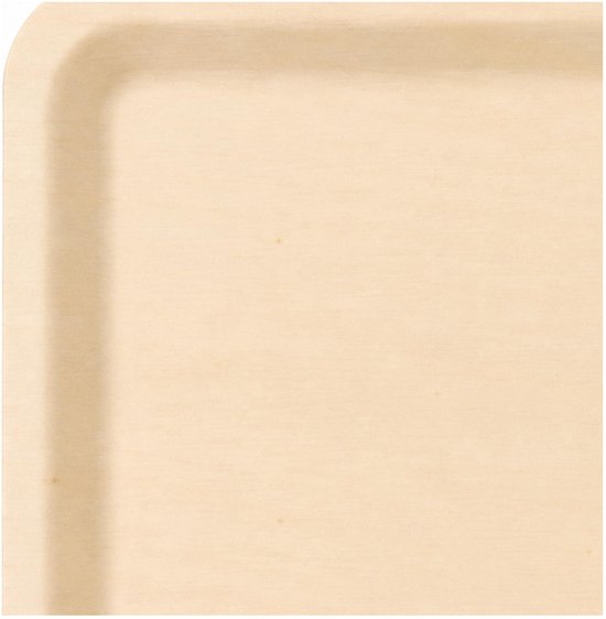 Een close-up van een vierkant, lichtbeige bord van geperst hout, met afgeronde hoeken.